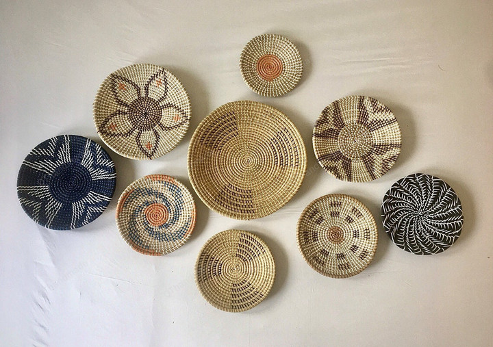 Set of 9 Boho Wall Decor, Boho Wall Art,Wicker Wall Tray,Hanger Wall Plate, Africa Baskets,Handwoven Rattan and Seagrass Baskets and Trivets