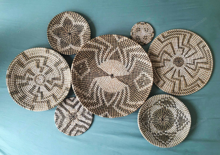 Set of 7 Boho Wall Basket Decor, Boho Wall Art,Seagrass Woven Wall Basket Plates, Handmade Decorative Bowl with Hook, Wicker Wall Tray