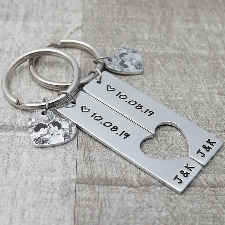 Personalized Keychain Set/Puzzle Keychain Set/Anniversary Gift/Custom Photo Keyring/Couple Keychain Set/Heart Key Chain