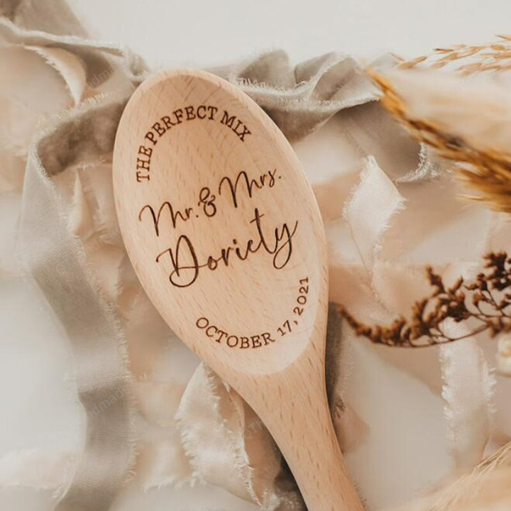The Perfect Mr. And Mrs. Wood Spoon, Personalized Custom Last Name Wedding Gift, Laser Engraved Wood Spoon, Bridal Shower Gift