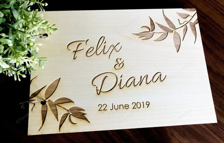 Personalised Engraved "Leaf Design" Wedding Guest Book, Custom Wooden Engagement, Guest Book Bridal Favor Gift