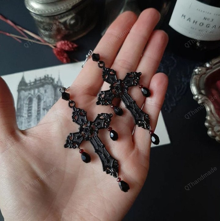 Luxury Goth Black Cross Garnet and Crystal Chandelier Earrings/Large Statement Trad Witchy Halloween Earrings/Statement Boho Witchy Earrings