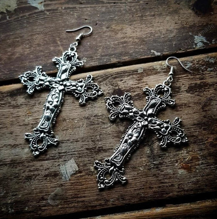 Goth Large Detailed Floral Cross Earrings/Witchy Alternative Goth/Silver Drop Set Halloween Rock Statement Jewelry/Gorgeous Vintage Earrings