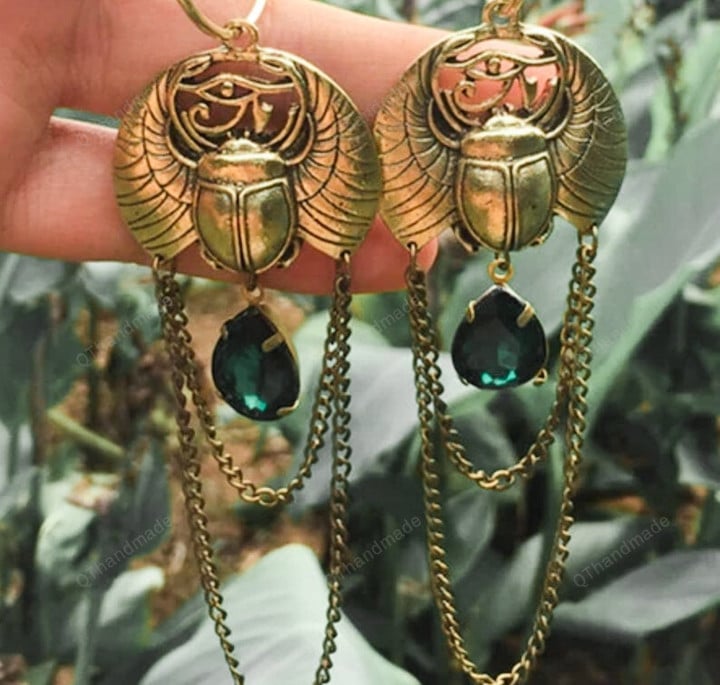 Bronze silver Scarab Earrings/Egyptian Revival Winged Beetle Dangles/Punk Dangle Moon Earrings/Celestial Witch Healing Crystal