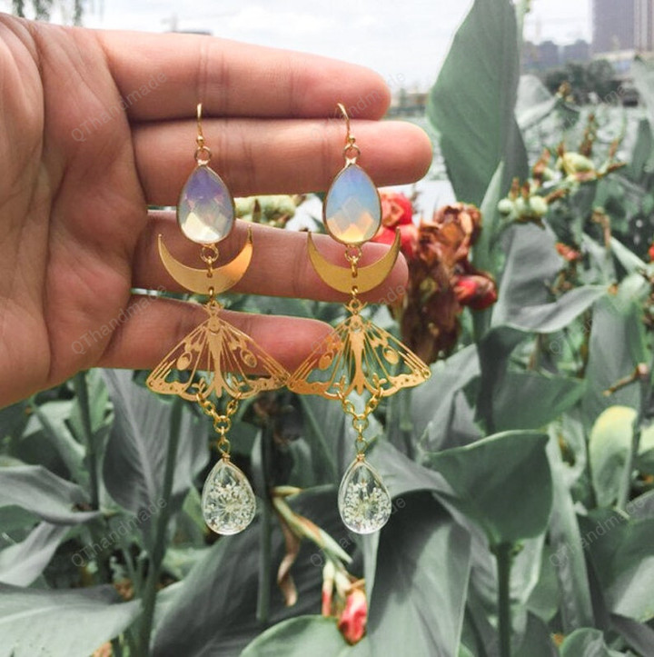 Celestial Moonstone Moth Earrings/Hypoallergenic Wanderlust Jewelry/Resin Dried Pressed Flower jewelry/Celestial Witch Healing Crystal