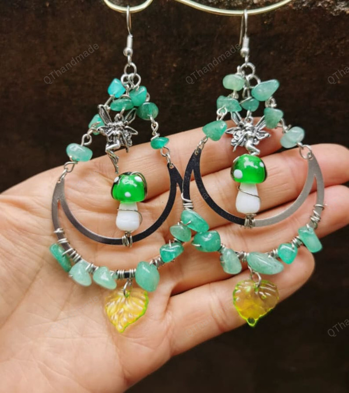 Mushroom Earrings/Green Aventurine Quartz Earrings/Fairycore Celestial Earrings/fairy Earrings/Boho Earrings/Witchy Statement Earrings