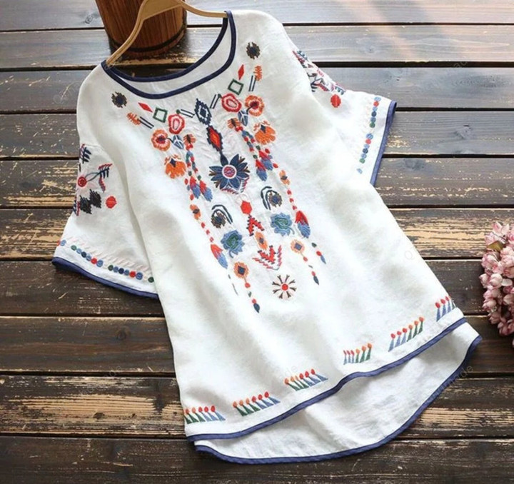 Embroidery Cotton Women Shirt Summer Spring Blouse Tops Clothes for Women Clothing/Boho Retro Clothing/Summer Beach Clothing/Linen Clothing