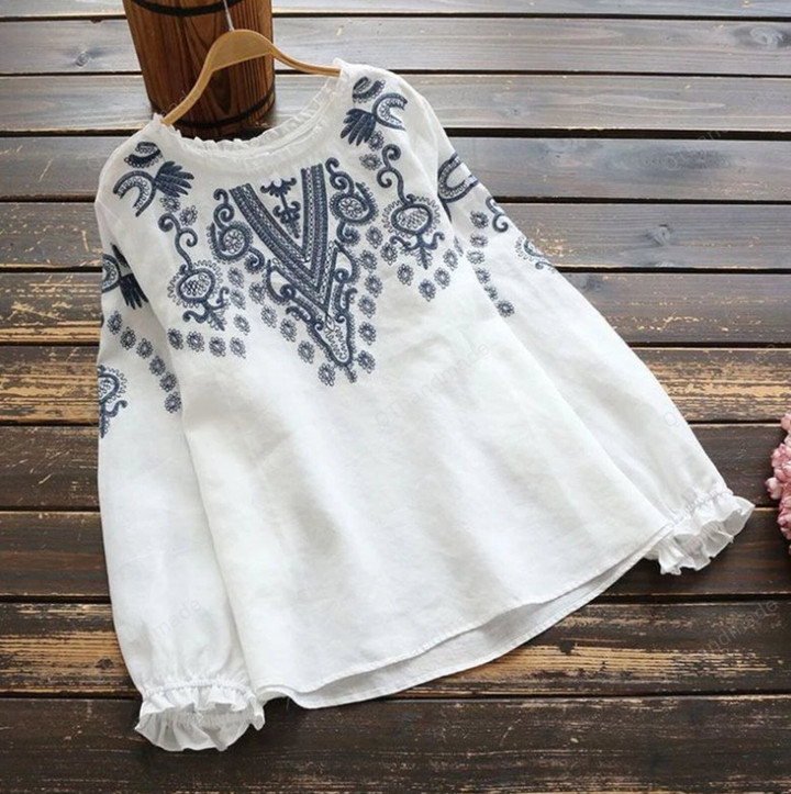 Long Sleeve Ruffles Tops Women Vintage Embroidery Blouse Casual O Neck Cotton Linen Blusas Femininas Shirt Mujer/Summer Beach Clothing