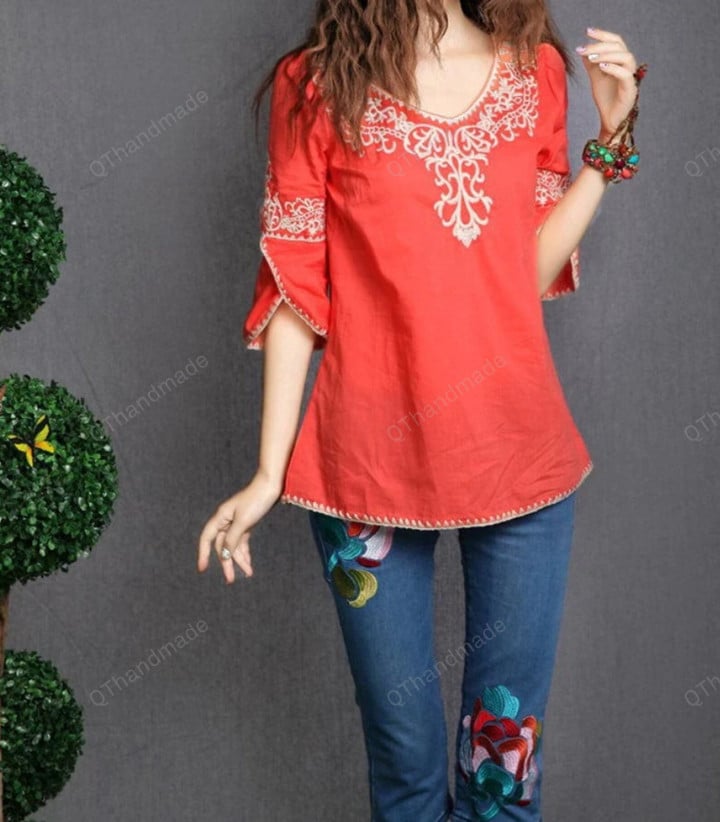 Totem Pattern Vintage Ethnic Blouse Embroidery Cotton Casual Shirts Tops Blusa Ethnic Bordada/Linen Clothing/Summer Beach Clothing