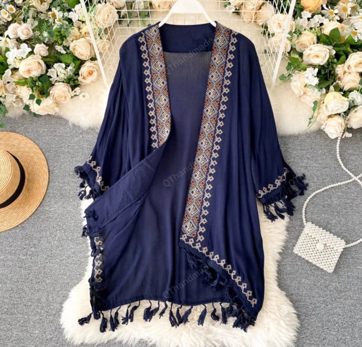 Bohemian Vintage Embroidery Woman Long Kimono Shirt Ethnic Loose Cardigan Tops Holiday Sunscreen Blouses Women Outer Cover/Linen Clothing