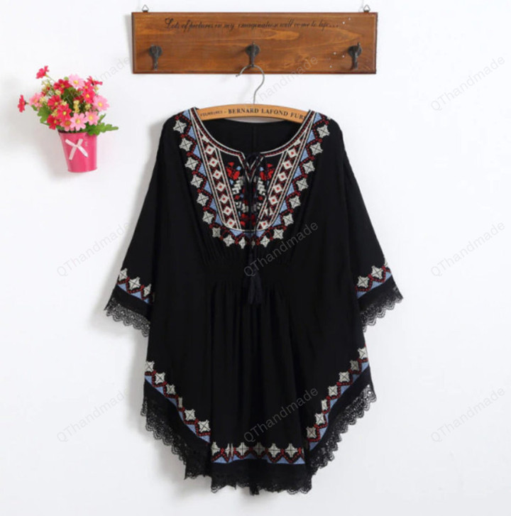 Summer Women Mexican Embroidered Floral Peasant Blouse Vintage Ethnic Tunic Retro Boho Hippie Clothes Loose Tops Blusas/Linen Clothing