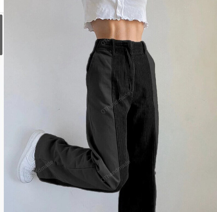 Casual Corduroy Pants / Women Vintage Patchwork Straight Aesthetic Baggy Trousers / Harajuku Female High Waist Loose Stretwear Pants
