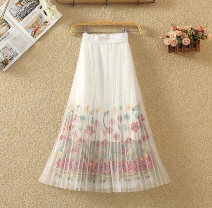 Summer Elastic Waist Flower Embroidery Gauze Skirt/Sexy Boho Elegant Black White Floral Embroidered Skirts/Boho Retro Clothing