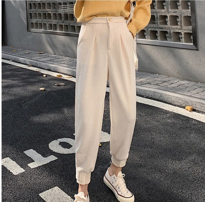 Winter Corduroy Pants/Women Thick Warm Plus Size Fashion Zipper Elastic High Waist Pencil Pant/Causal Loose Baggy Trousers/Gift For Her