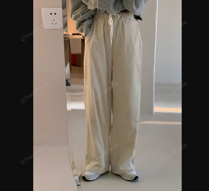Brown Corduroy Pants/Women High Waist Pants/Beige Plaid Wide Leg Pants/Women Cotton Trousers/Gift For Her/Summer Linen Trousers