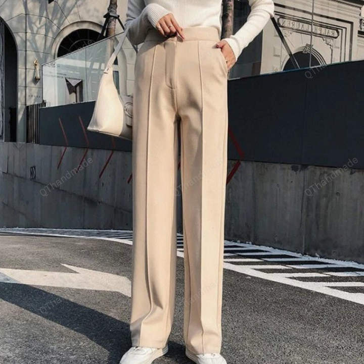 Falling Wide Leg Pants/Women's Autumn and Winter New High Waist Straight Wool Pants/Versatile Loose Casual Mopping Trousers/Gift For Her