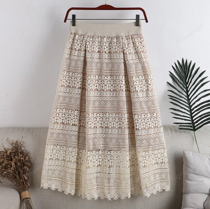 High Waist A-Line Skirt Zipper Lace Hollow Out Embroidery Mid-Length Skirt/Mori Girl Skirt/Y2k Fashion/90s Lolita Elegant Retro Clothing