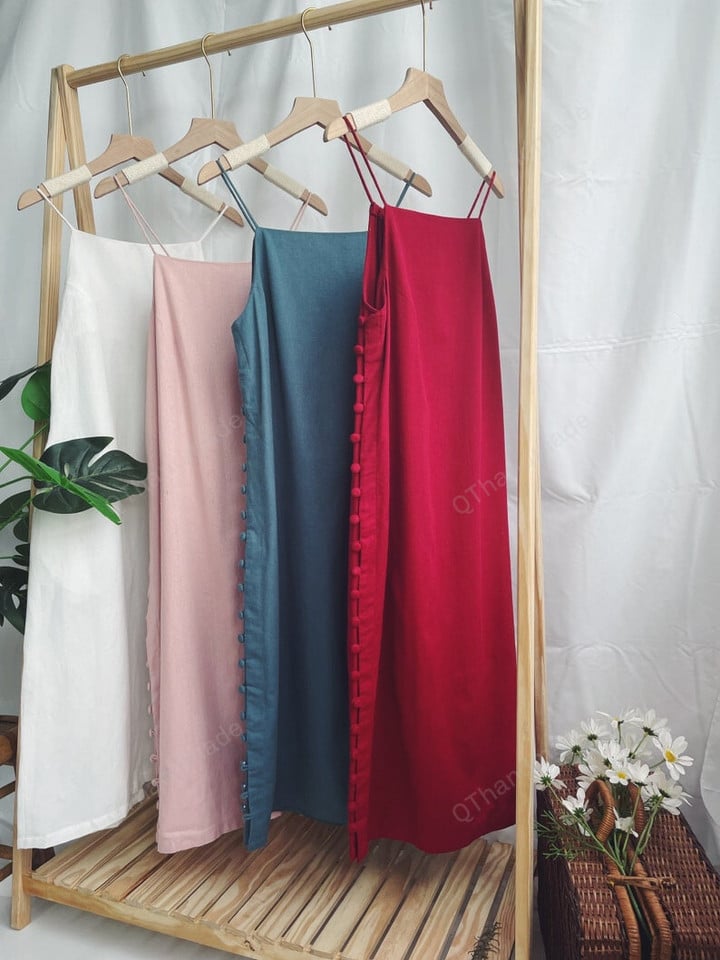 Women's Linen Embroidery Dress, Strap Dress, Adjustable Dress, Summer Long Dress, Sexy Dress, Night Party Dress
