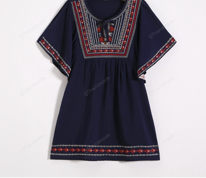 Women Summer Casual Loose Embroidery Blouse Shirt/Batwing Sleeve V Neck Beach Hippie Boho Tunic Tops/Boho Retro Clothing/Linen Clothing