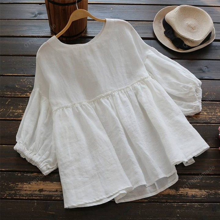 Women Ruffle Linen Tops/Casual 3/4 Lantern Sleeve Blusas T-Shirt/Boho Retro Clothing/Linen Clothing/Summer Linen Shirt/Gift For Her