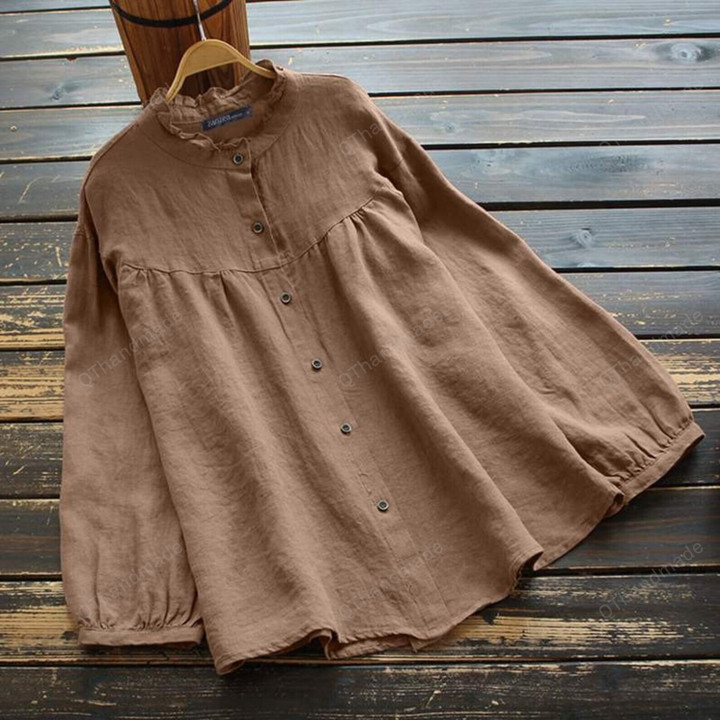 Women Kaftan Ruffle Shirt/Casual Long Sleeve Blusas Button Tops/Boho Retro Clothing/Linen Clothing/Summer Linen Shirt/Gift For Her