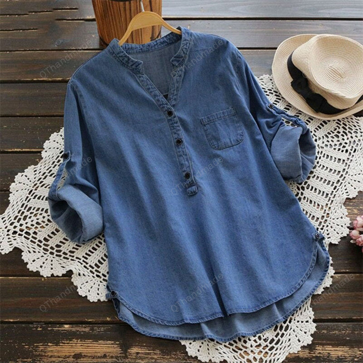 Women Denim Blue Shirts/Casual Button V Neck Long Sleeve Tops/Boho Retro Clothing/Summer Beach Clothing/Linen Clothing/Jean Tunic Shirt