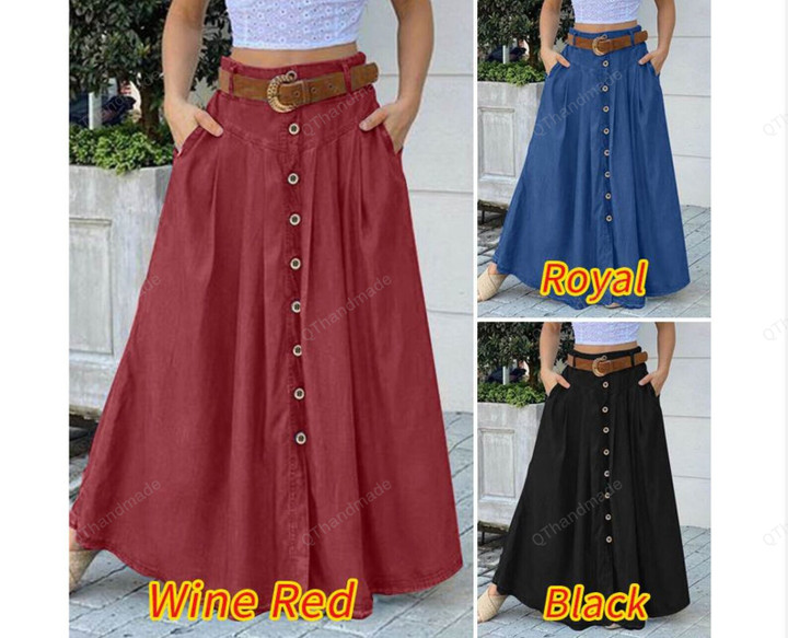 Fashion Button Maxi Skirt/Casual High Waist Long Vestidos Skirt/Button Long Skirt/Linen Clothing/Summer Beach Clothing/Gift For Her