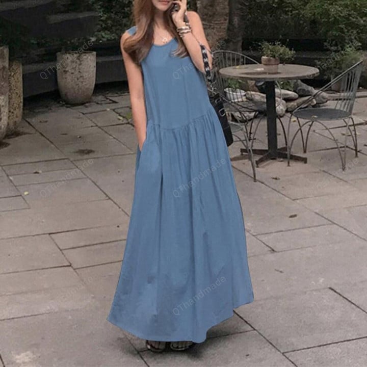 Elegant Denim Blue Dress/Casual Sleeveless Tank Pleated Robe Jean Dress/Summer Beach Clothing/Long Blue Jean Dress/Gift For Her