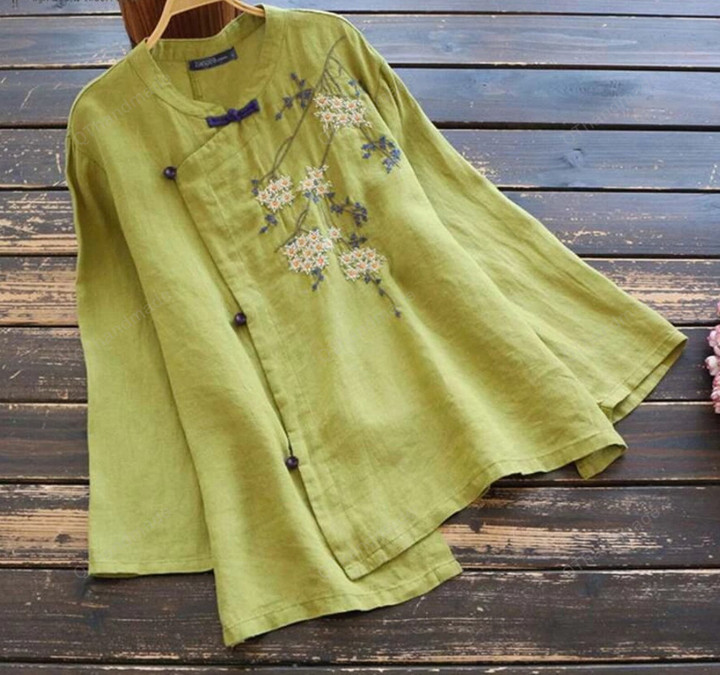 PLUS SIZE Embroidery Blouse Long Sleeve Blusas Female Floral Tunic Fashion Floral Shirts Female Casual Irregular Tops Chemise/Linen Clothing