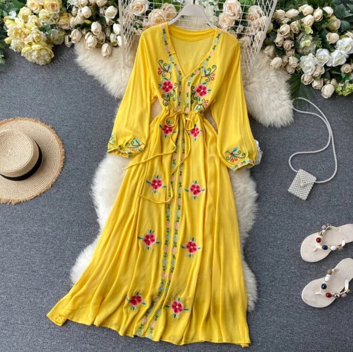 Embroidery Boho Long Dress/Travel Holiday Long Dress Retro Ethnic Style Embroidered V-neck Lantern Sleeve Dress/Summer Beach Clothing