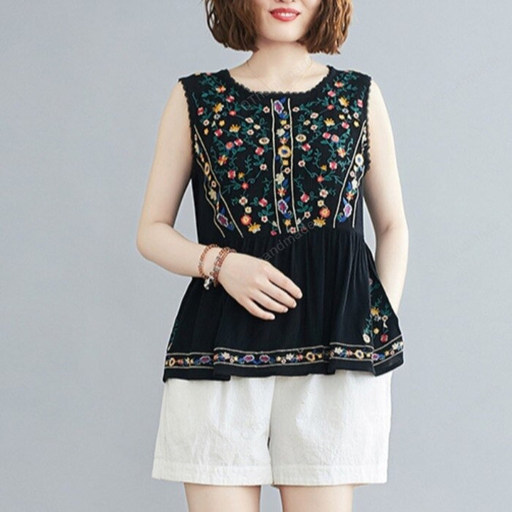 Summer Vintage Floral Embroidery Cotton Blouse/Summer Beach Clothing/Linen Clothing/Women Tops Sleeveless Ruffle See Through Blouses Shirt