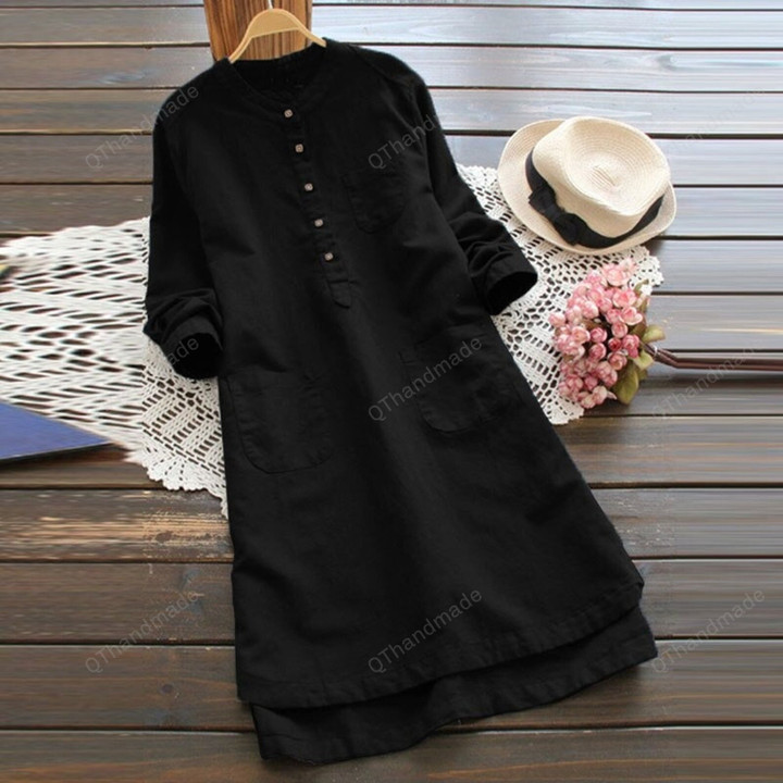 Women Vintage Long Sleeve Solid Mini Dress/Casual Long Top Blusas Robe Dress/Boho Retro Clothing/Summer Beach Clothing/Linen Clothing