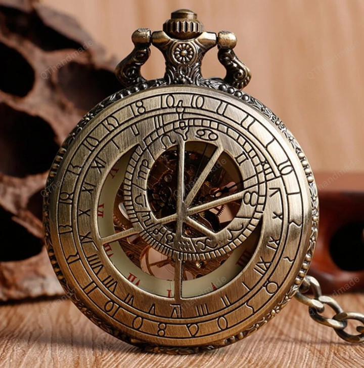Retro Bronze Zodiac Constellation Mechanical Pocket Watch Hollow Case Fob Chain Antique Hand Winding Clock Gifts for Men/Best man gifts