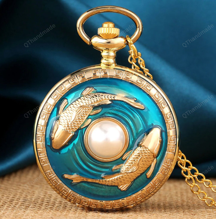 Luxury Golden Pisces Necklace Quartz Pocket Watch Vivid Fish Pearl Pattern FOB Chain Green Pendant Constellation Clock Gifts/Gothic Watch