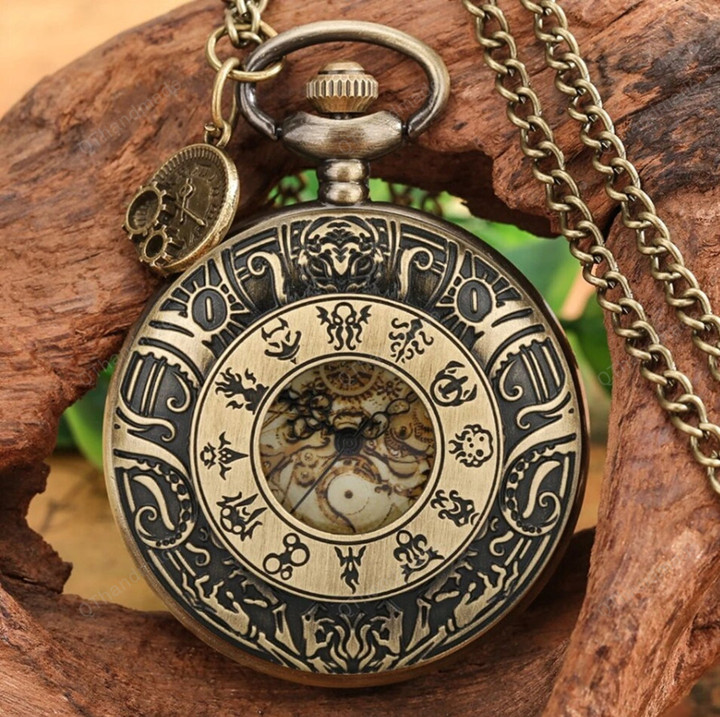 Circle Gear Analog Design Quartz Pocket Watch Steampunk Arabic Numeral Necklace Sweater Chain Pendant Clock with Gear Accessory/Best Gifts