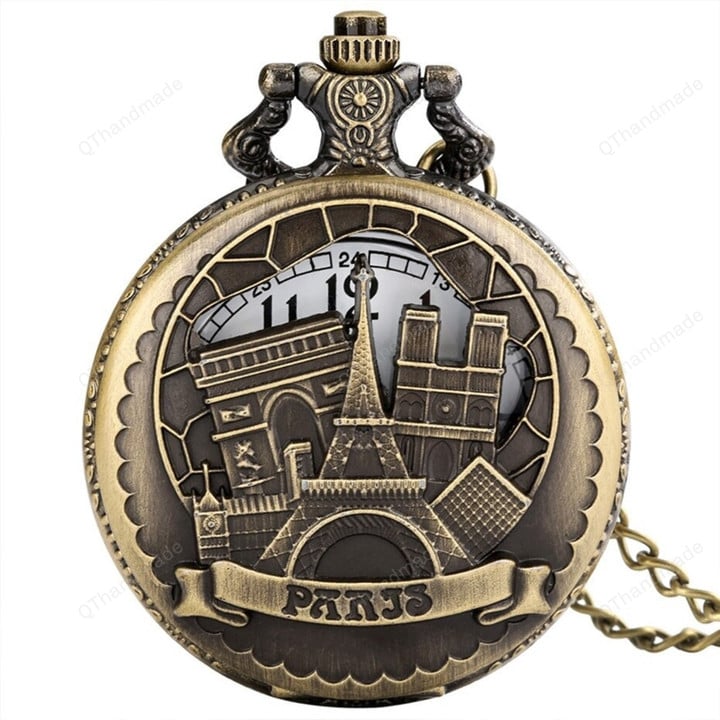 Vintage Paris Eiffel Tower Notre Dame Design Quartz Pocket Watch LE LOUVRE Necklace Pendant Art Souvenir Clock for Men Women/Best Gifts
