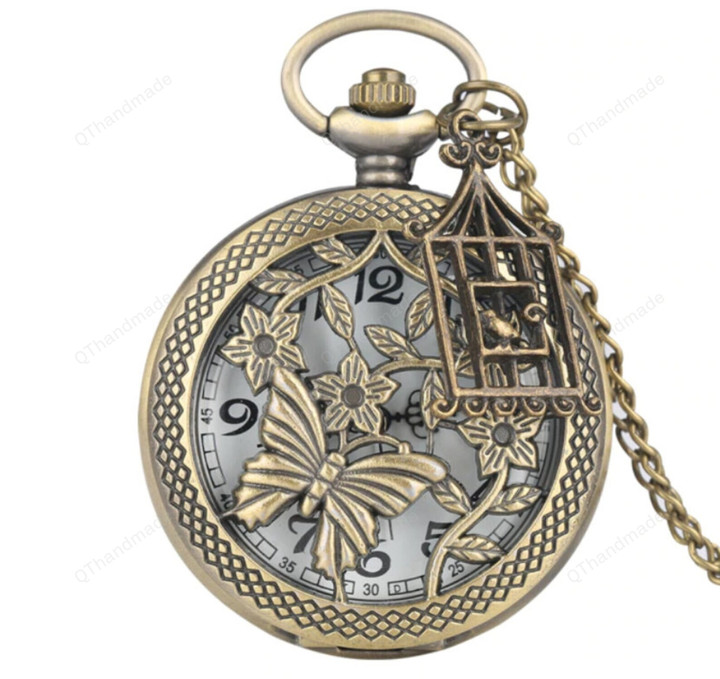 Bronze Butterfly and Flower Retro Style Necklace Pocket Watch/Steampunk Pendant Quartz Fob Watch Clock/boyfriend gift ideas/Valentine gifts