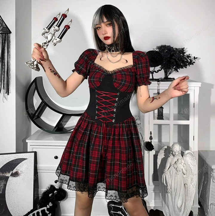 Dark Goth Lolita Lace Up Corset Dress Women Harajuku Vintage Lace Red Plaid A Line Dress Aesthetic Patchwork Party Dress/Goth Dress
