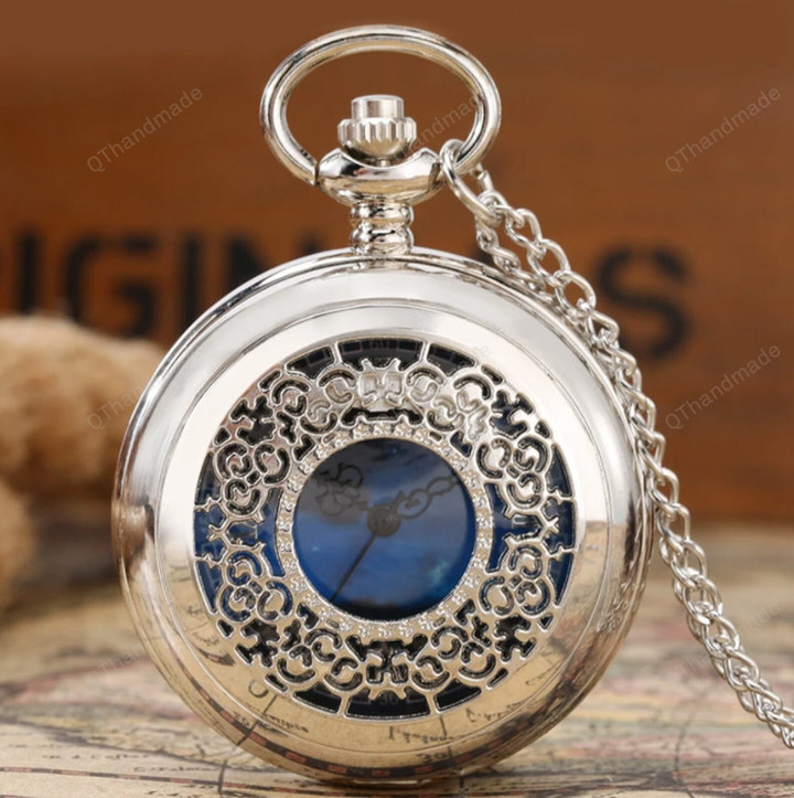 Exquise Starry Blue Dial Pendant Bronze Hollow Case Quartz Pocket Watch/Roman Numerals Retro Watches Gifts/Best Gifts/Birthday Gifts
