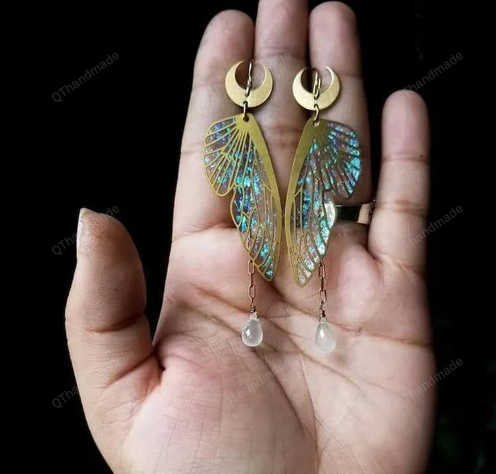 Magical Green Fairy Wing Earrings/Dangle Earrings Clear Quartz Fairy Wings Earrings/Wicca Magical Earrings/Christmas earrings Gifts
