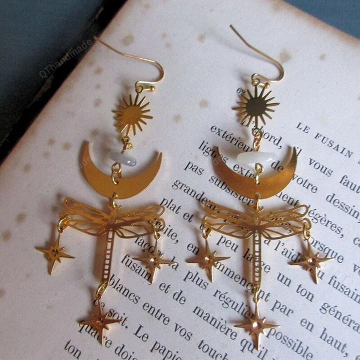 Star and Moon Earrings/Dragonfly Earrings/Gold Color Moon Earrings/Wiccan Sun Moon Jewelry/Natural Moonstone Earrings/Gothic Earrings