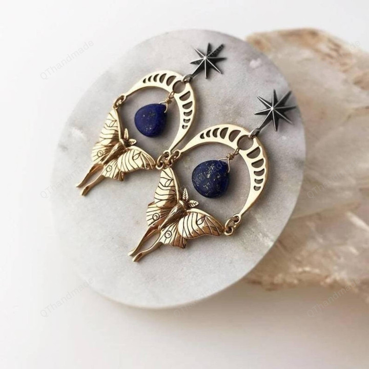 Gorgeous Lapis Lazuli Eight-pointed Star Earrings, Vintage Gold Carved Moth Hollow Dangle Earrings, Jewelry Gift, Witchcraft Accessories