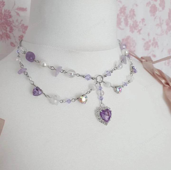 Handmade Dreamy Purple Hearts Clutter Necklace/ Cottagecore Jewelry To Girlfriend Best Friends/Hippy Jewelry/Fairy Necklace/Wiccan Jewelry