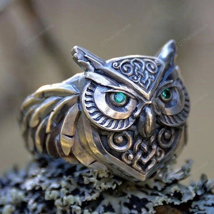 Retro Green Eye Owl Ring Brass Alloy Classical Ethnic Style Men and Women Ring Gifts/Statement Ring/Witchcraft jewelry/Boho Gothic Goth Ring
