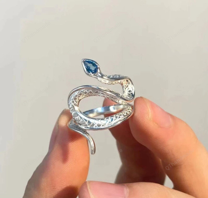 Retro Punk Snake Rings Blue Topaz Lady Girls Trendy Jewelry Banquet Wedding Party Silver Ring Women/Statement Ring/Boho Gothic Goth Ring