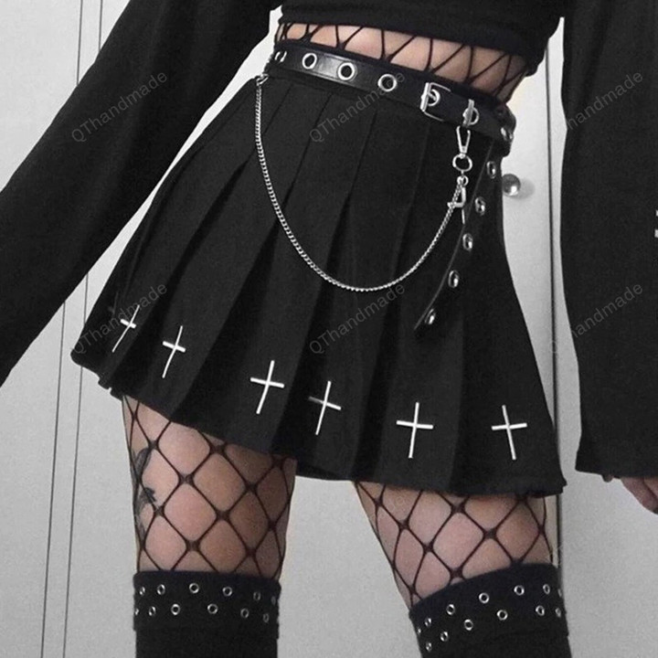 Goth Dark Grunge Punk Summer Gothic Skirts For Women Streetwear Zippper Rivet Pleated Metal Ring Skirt PU Sexy Hollow Out Casual/Goth Skirt