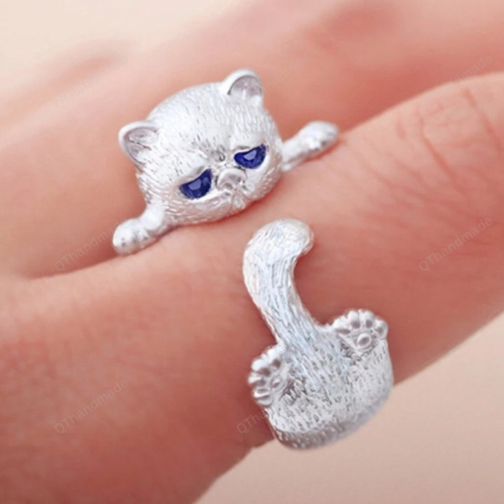Cat and Dog Ring/Ring for Men Simplicity Jewelry Gifts Blue Rhinestone Eyes Dog Rings/Streetwear Ring/Goth Spooky Rings