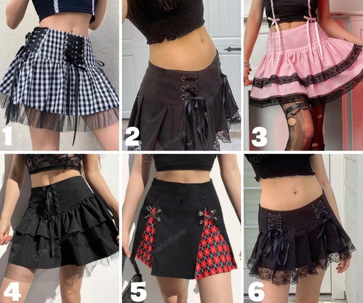 Mini Pleated Skirts Womens Y2K Punk Patchwork Black Lace High Waist Skirt Tie Up Bandage Preppy Style Female Clothes/Goth Dress/Witch gift
