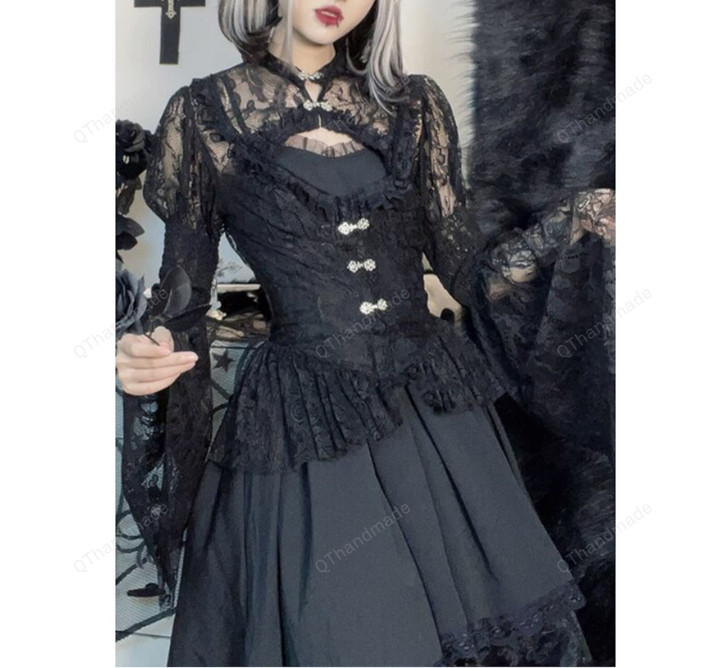 Gothic Harajuku Lace T-shirt, Gothic Black See Through Button Flare Sleeve Tops Shirt, Gothic Clothing, Gift For Her, Dark Lace Shirt