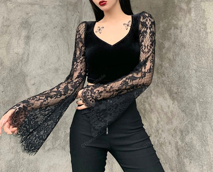Vintage Gothic Velvet Lace Tops Harajuku Sexy See Through Long Sleeve Crop Top Women Autumn Elegant Aesthetic Basic Tops/Goth Dress